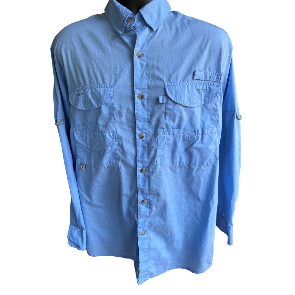Outdoor by Hilton Mens Blue Long Sleeve Fishing Shirt Utility Pockets Size M